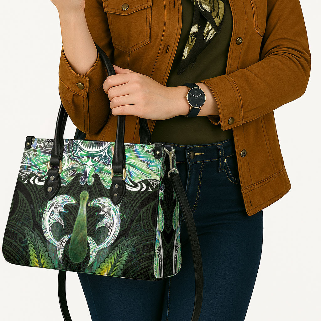 New Zealand Mere Pounamu Weapon Leather Bag Aotearoa Mango Paua Shell Maori Pattern