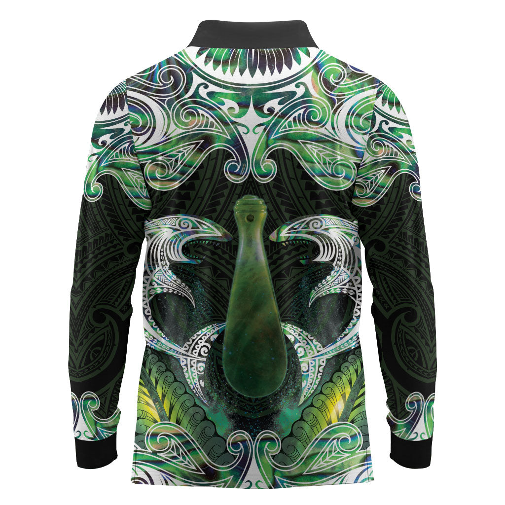 New Zealand Mere Pounamu Weapon Long Sleeve Polo Shirt Aotearoa Mango Paua Shell Maori Pattern