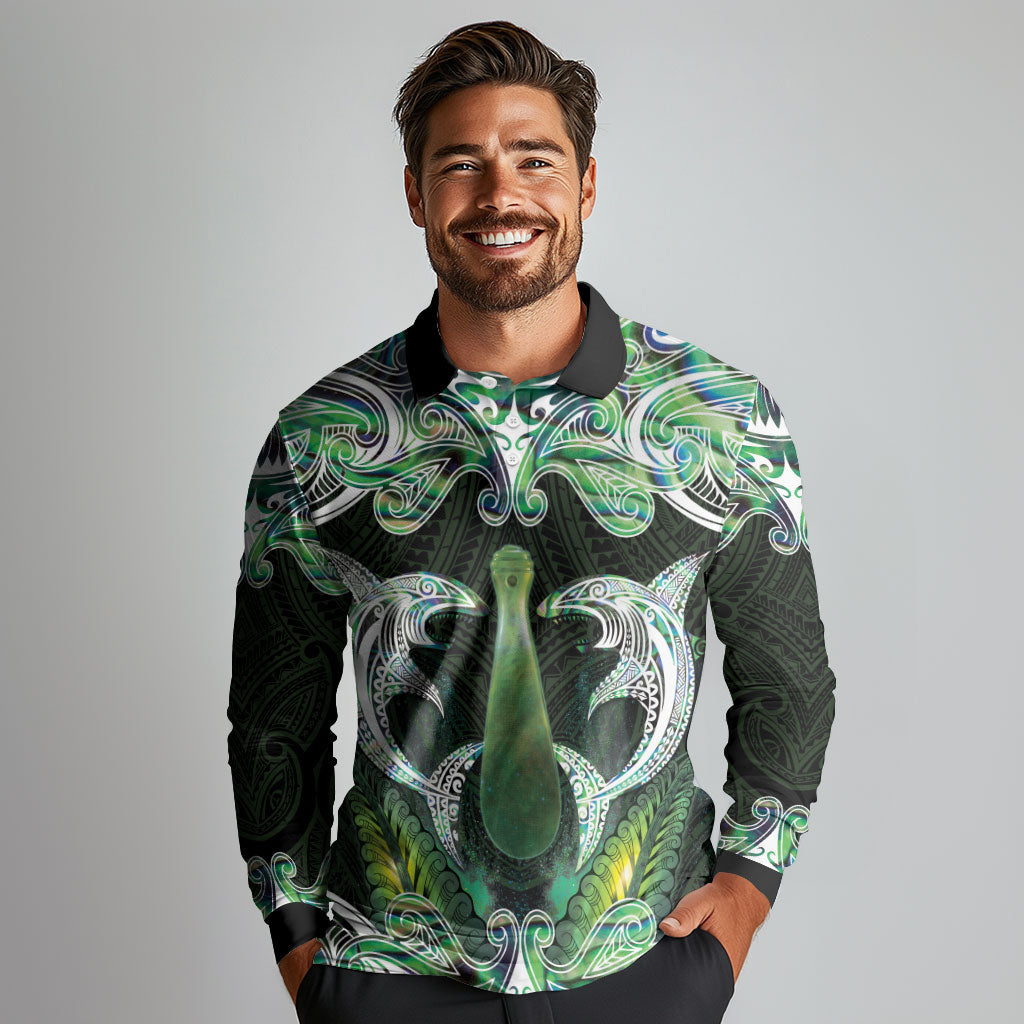 New Zealand Mere Pounamu Weapon Long Sleeve Polo Shirt Aotearoa Mango Paua Shell Maori Pattern