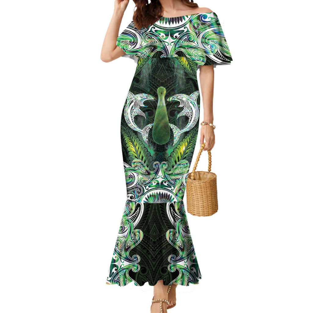 New Zealand Mere Pounamu Weapon Mermaid Dress Aotearoa Mango Paua Shell Maori Pattern LT22 Women Green - Polynesian Pride