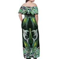 New Zealand Mere Pounamu Weapon Off Shoulder Maxi Dress Aotearoa Mango Paua Shell Maori Pattern
