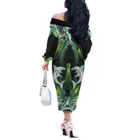 New Zealand Mere Pounamu Weapon Off The Shoulder Long Sleeve Dress Aotearoa Mango Paua Shell Maori Pattern