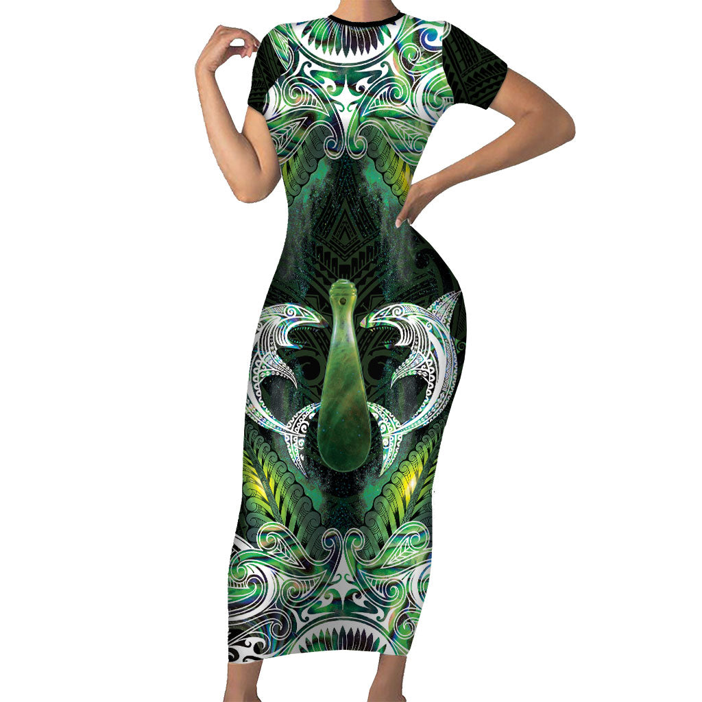 New Zealand Mere Pounamu Weapon Short Sleeve Bodycon Dress Aotearoa Mango Paua Shell Maori Pattern