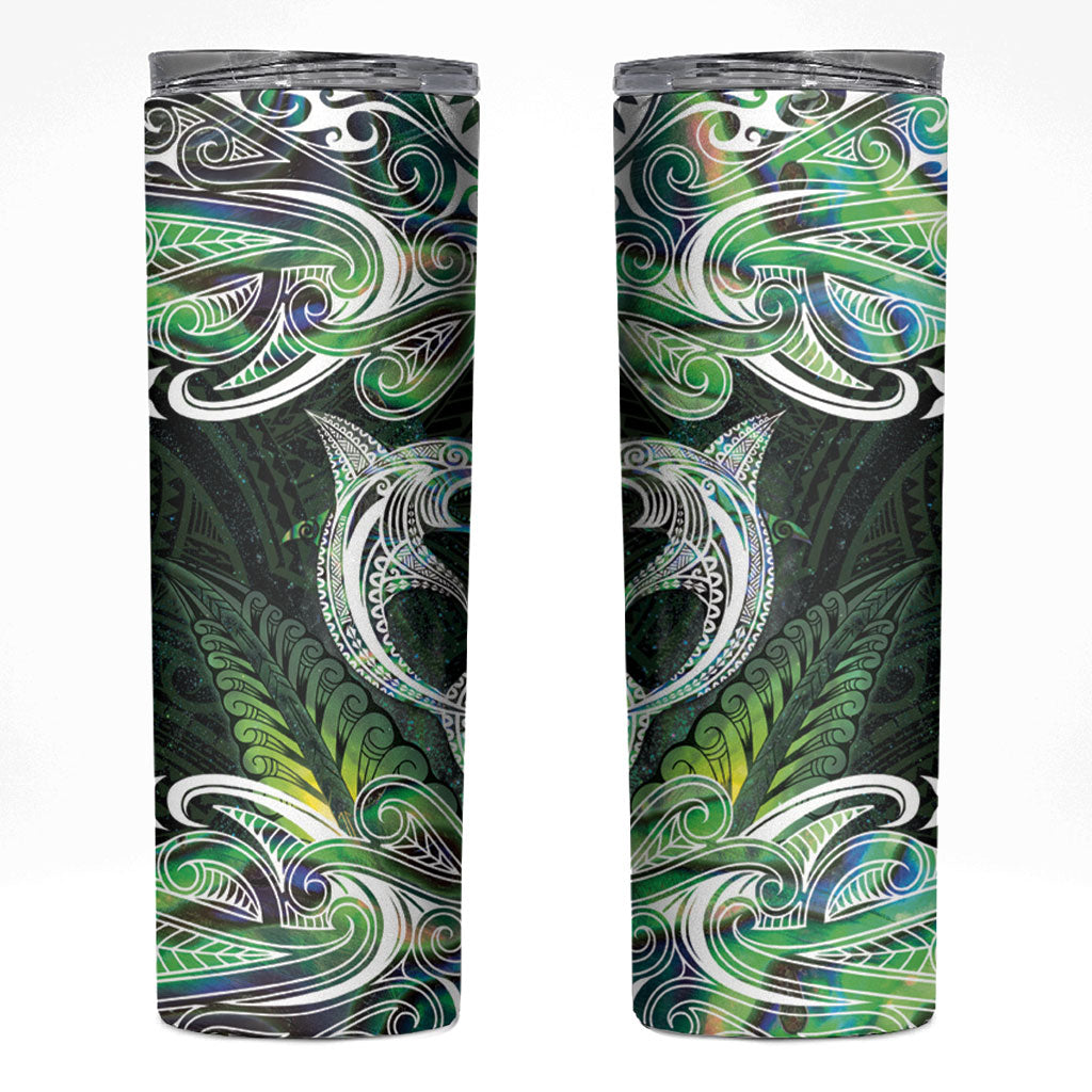 New Zealand Mere Pounamu Weapon Skinny Tumbler Aotearoa Mango Paua Shell Maori Pattern
