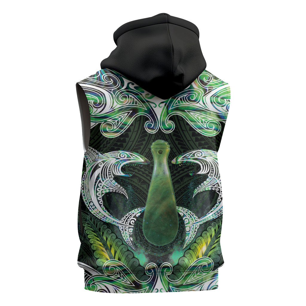 New Zealand Mere Pounamu Weapon Sleeveless Hoodie Aotearoa Mango Paua Shell Maori Pattern