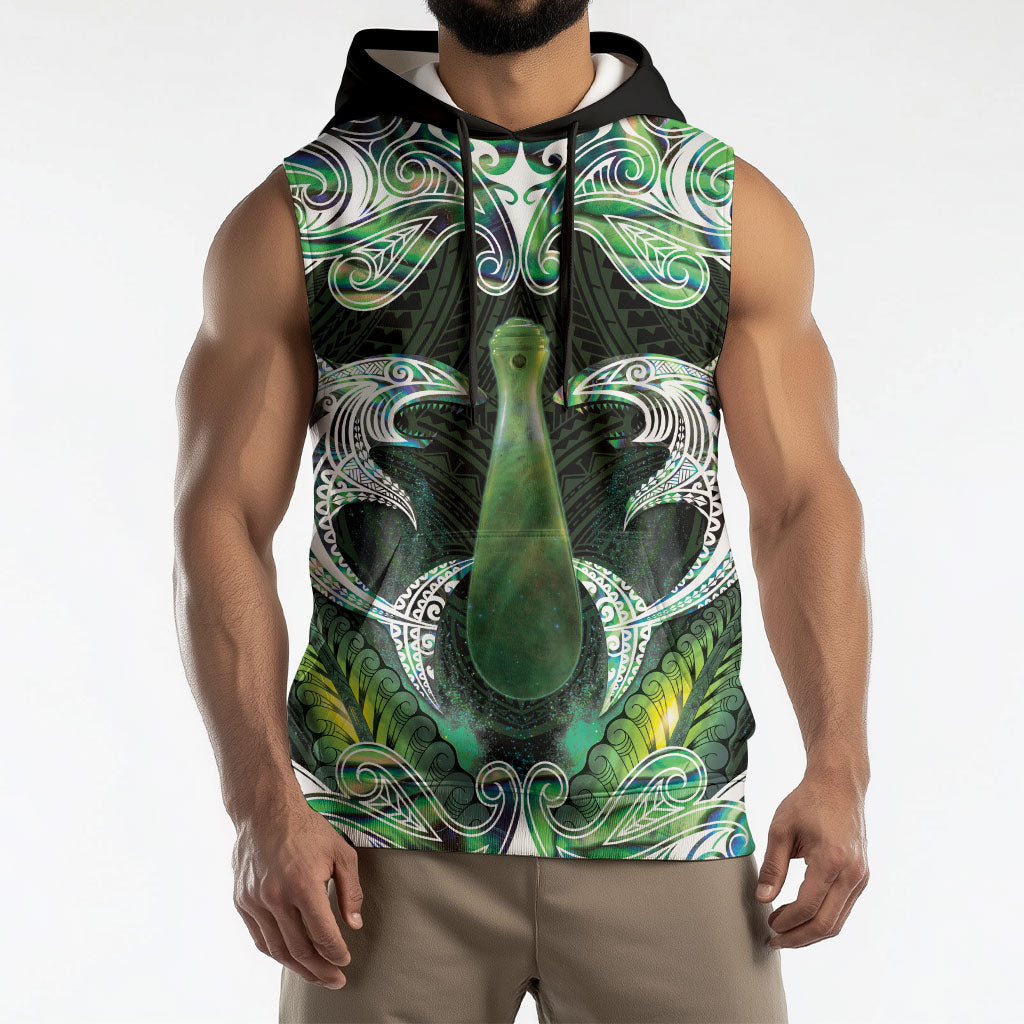 New Zealand Mere Pounamu Weapon Sleeveless Hoodie Aotearoa Mango Paua Shell Maori Pattern