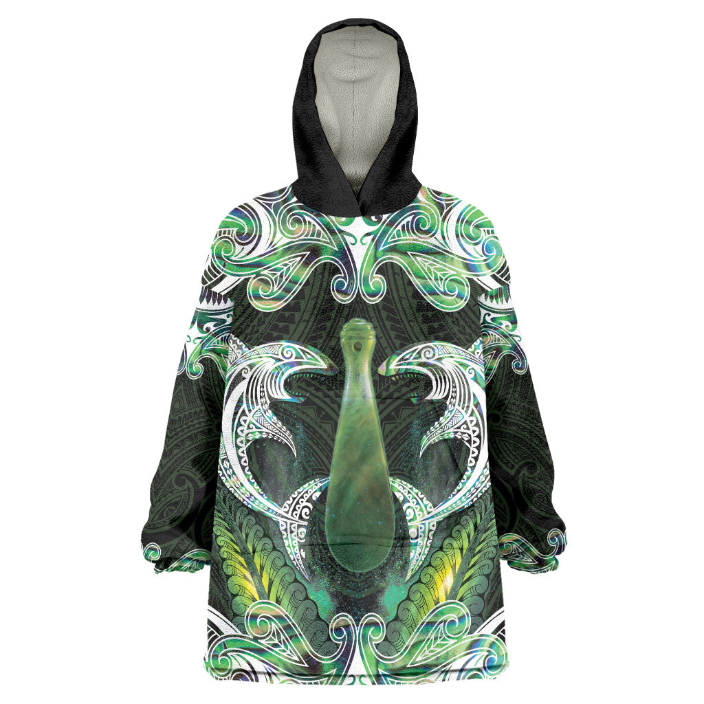 New Zealand Mere Pounamu Weapon Wearable Blanket Hoodie Aotearoa Mango Paua Shell Maori Pattern