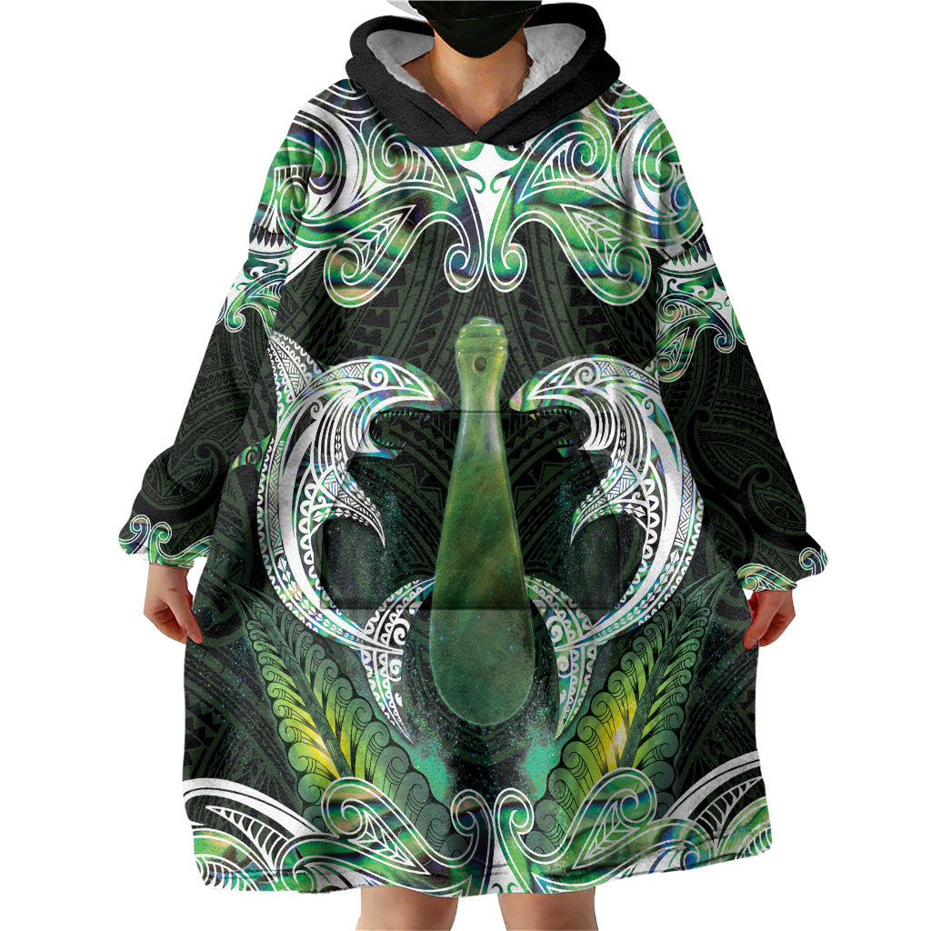 New Zealand Mere Pounamu Weapon Wearable Blanket Hoodie Aotearoa Mango Paua Shell Maori Pattern
