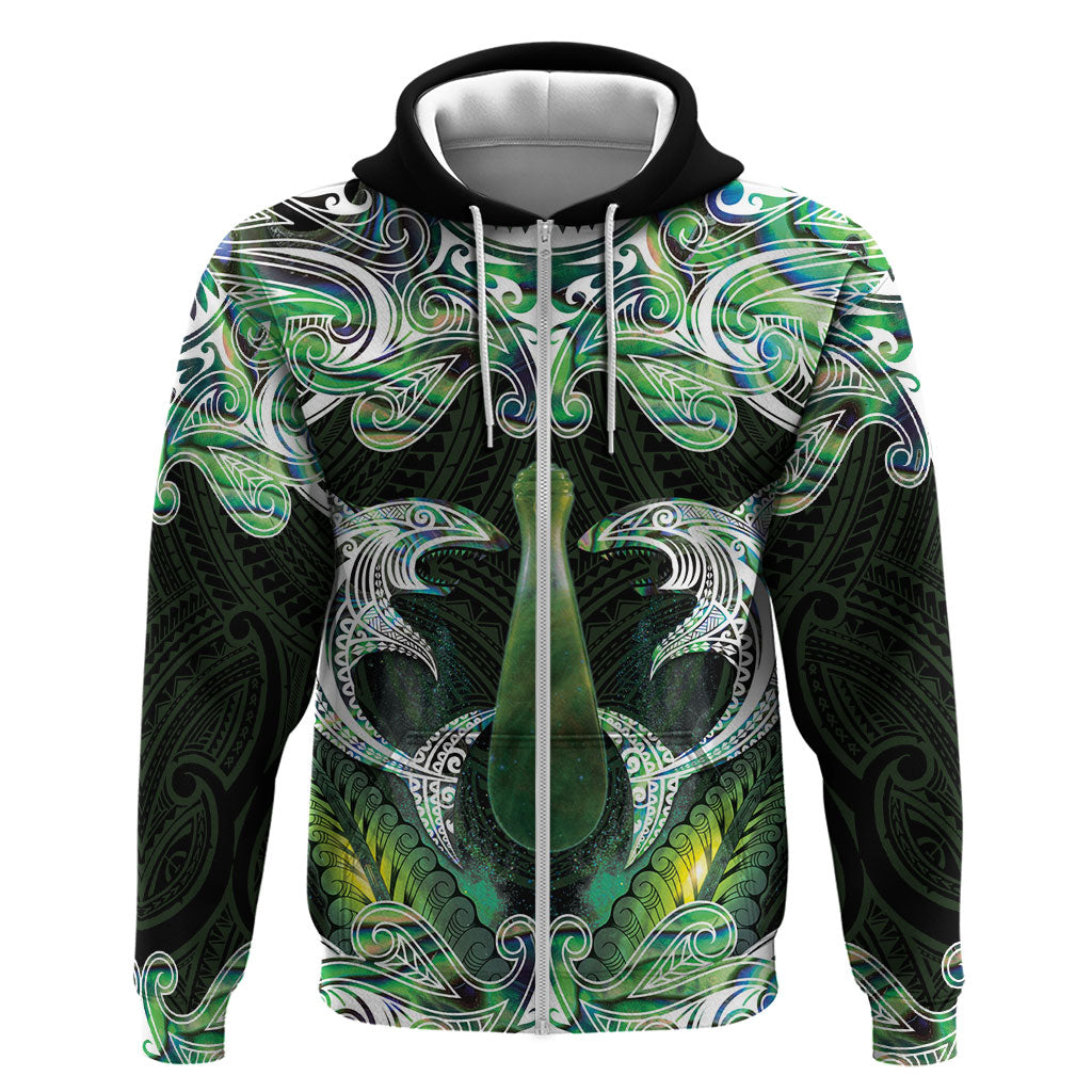 New Zealand Mere Pounamu Weapon Zip Hoodie Aotearoa Mango Paua Shell Maori Pattern