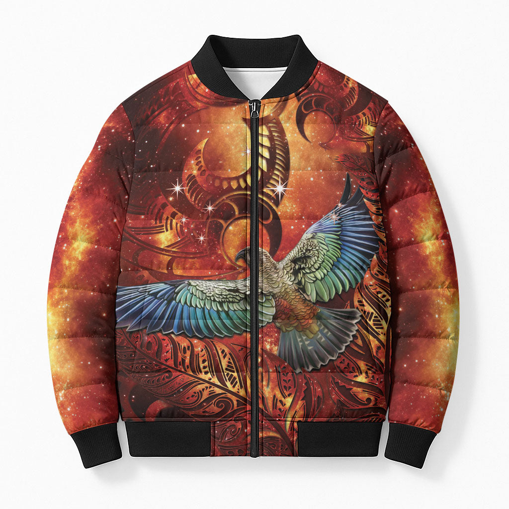 New Zealand Kea Bird Matariki Personalised Bomber Puffer Jacket Silver Fern Maori Pattern