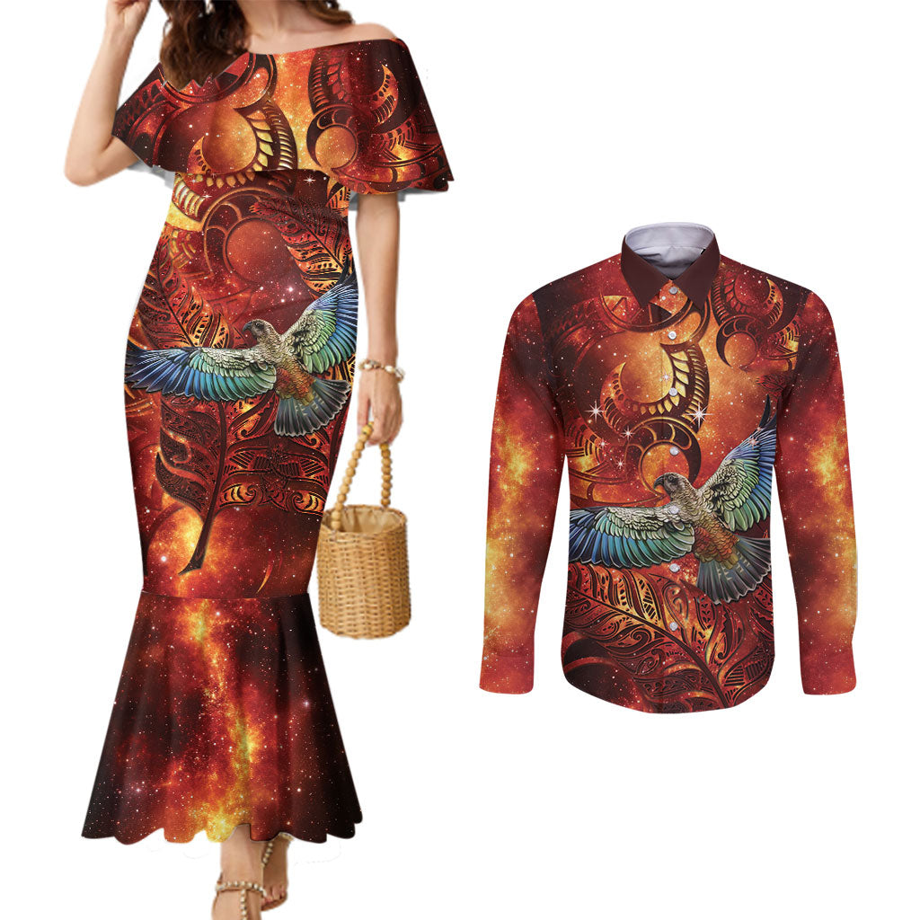 New Zealand Kea Bird Matariki Personalised Couples Matching Mermaid Dress and Long Sleeve Button Shirt Silver Fern Maori Pattern