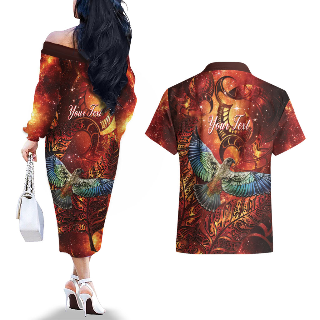 New Zealand Kea Bird Matariki Personalised Couples Matching Off The Shoulder Long Sleeve Dress and Hawaiian Shirt Silver Fern Maori Pattern
