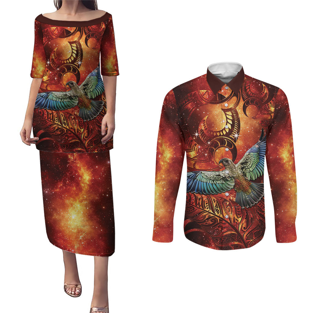 New Zealand Kea Bird Matariki Personalised Couples Matching Puletasi and Long Sleeve Button Shirt Silver Fern Maori Pattern