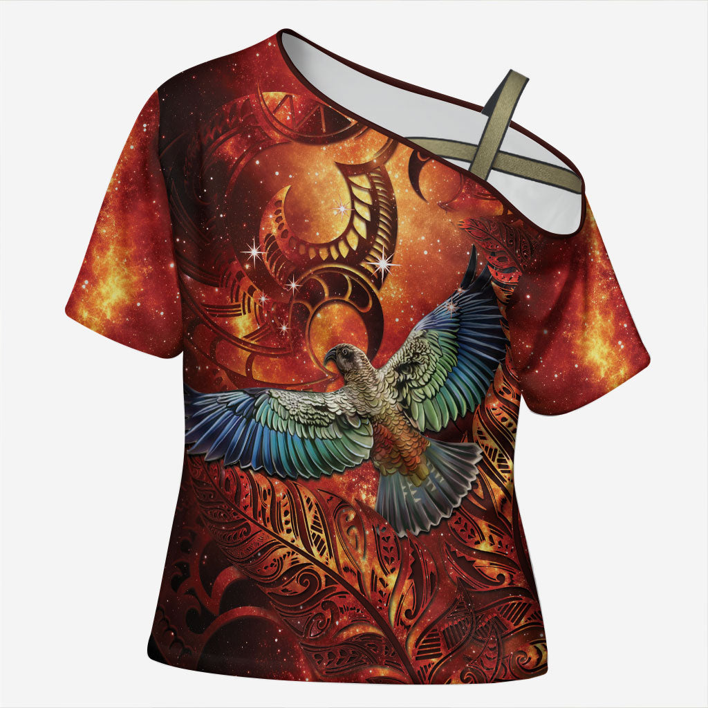 New Zealand Kea Bird Matariki Personalised Cross Shoulder Shirt Silver Fern Maori Pattern LT22 Female Orange - Polynesian Pride