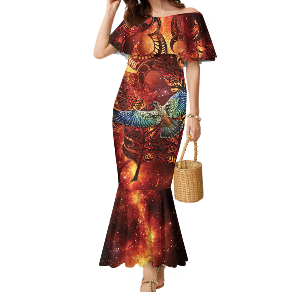 New Zealand Kea Bird Matariki Personalised Family Matching Mermaid Dress and Hawaiian Shirt Silver Fern Maori Pattern