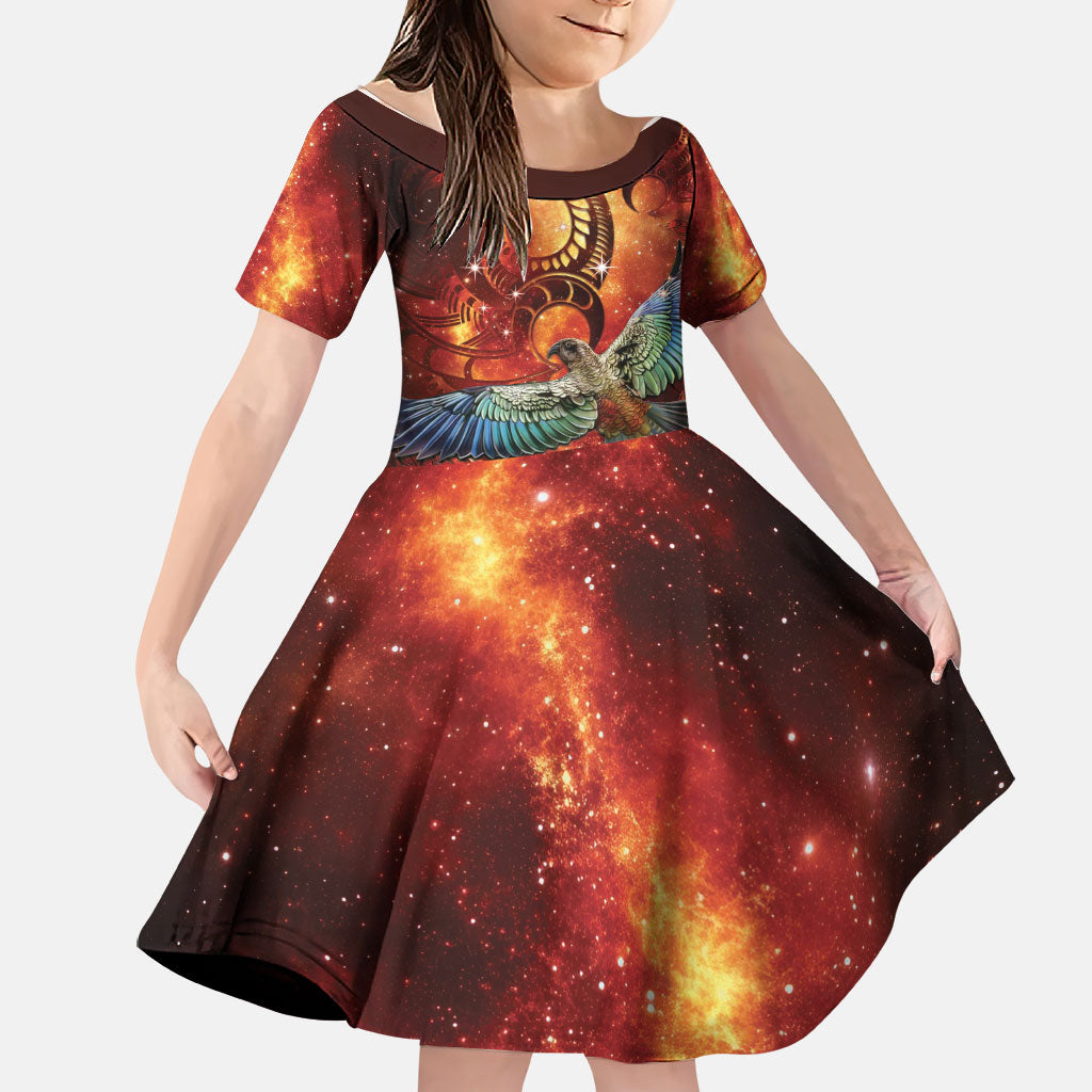 New Zealand Kea Bird Matariki Personalised Family Matching Off Shoulder Short Dress and Hawaiian Shirt Silver Fern Maori Pattern