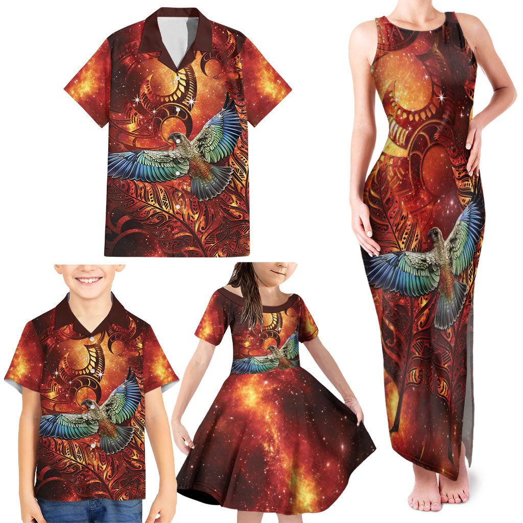 New Zealand Kea Bird Matariki Personalised Family Matching Tank Maxi Dress and Hawaiian Shirt Silver Fern Maori Pattern