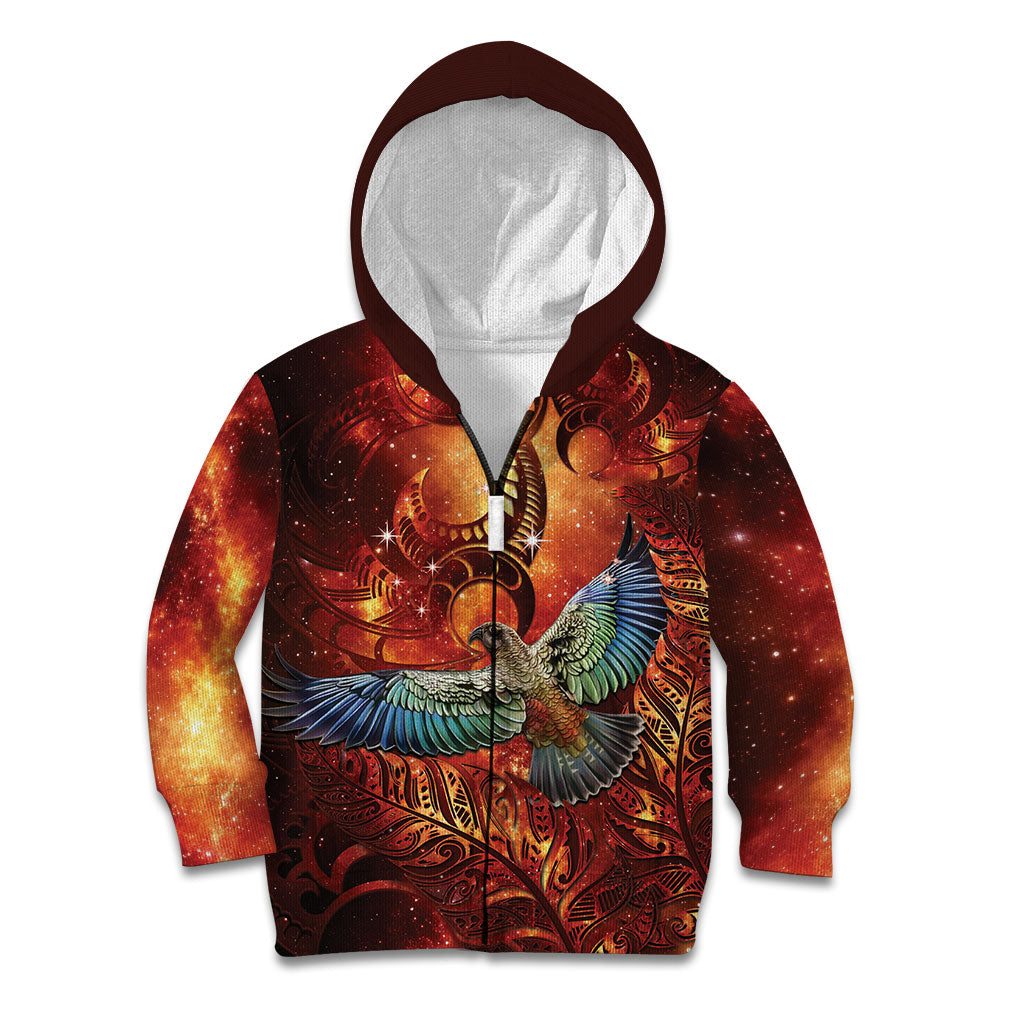 New Zealand Kea Bird Matariki Personalised Kid Hoodie Silver Fern Maori Pattern LT22 Zip Hoodie Orange - Polynesian Pride