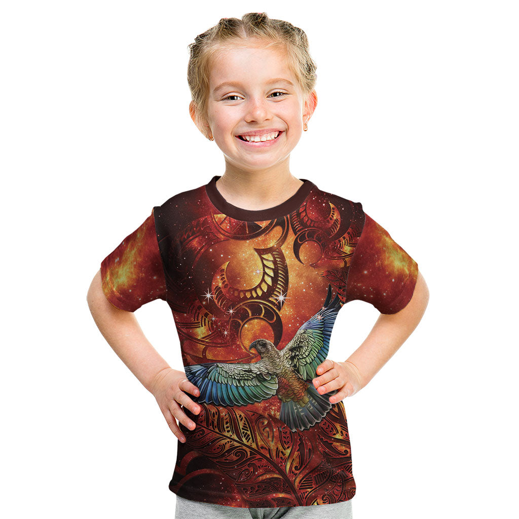 New Zealand Kea Bird Matariki Personalised Kid T Shirt Silver Fern Maori Pattern LT22 Orange - Polynesian Pride