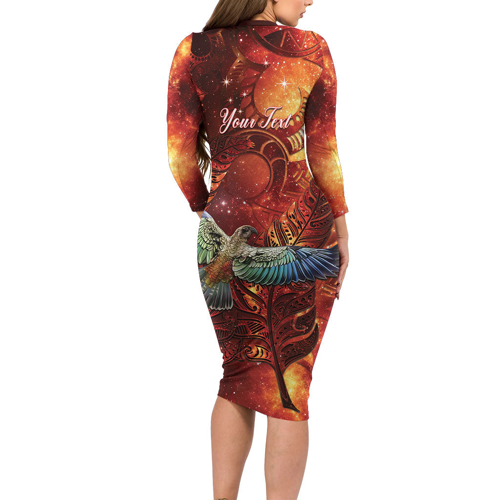 New Zealand Kea Bird Matariki Personalised Long Sleeve Bodycon Dress Silver Fern Maori Pattern LT22 - Polynesian Pride