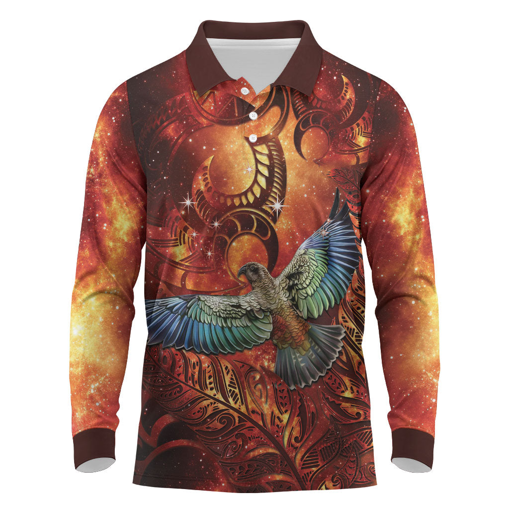 New Zealand Kea Bird Matariki Personalised Long Sleeve Polo Shirt Silver Fern Maori Pattern LT22 Orange - Polynesian Pride