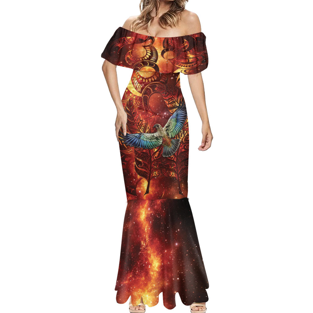 New Zealand Kea Bird Matariki Personalised Mermaid Dress Silver Fern Maori Pattern LT22 - Polynesian Pride