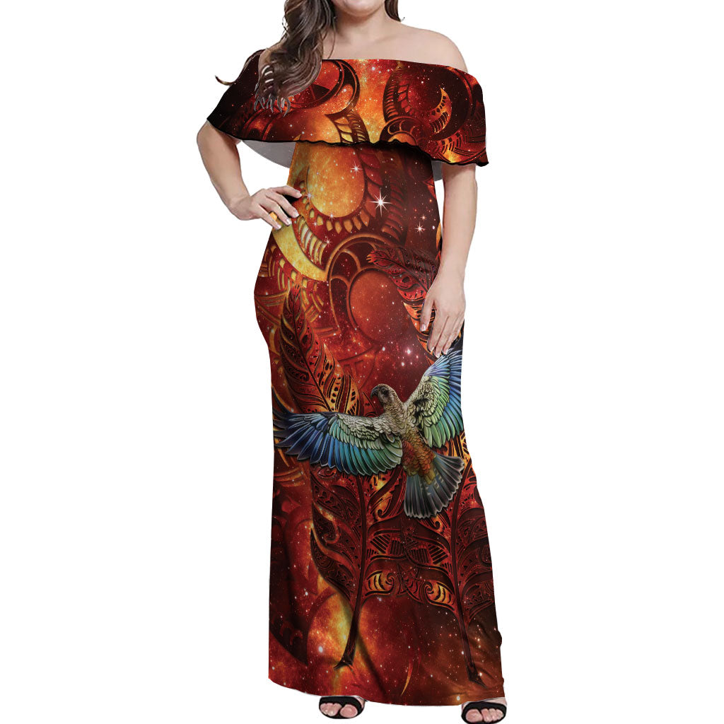 New Zealand Kea Bird Matariki Personalised Off Shoulder Maxi Dress Silver Fern Maori Pattern