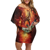 New Zealand Kea Bird Matariki Personalised Off Shoulder Short Dress Silver Fern Maori Pattern LT22 Women Orange - Polynesian Pride