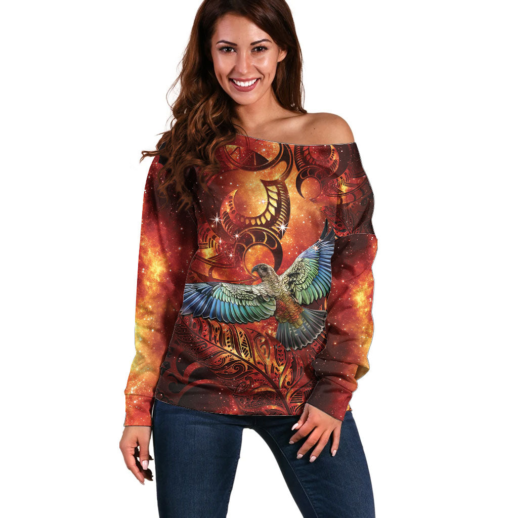 New Zealand Kea Bird Matariki Personalised Off Shoulder Sweater Silver Fern Maori Pattern LT22 Women Orange - Polynesian Pride