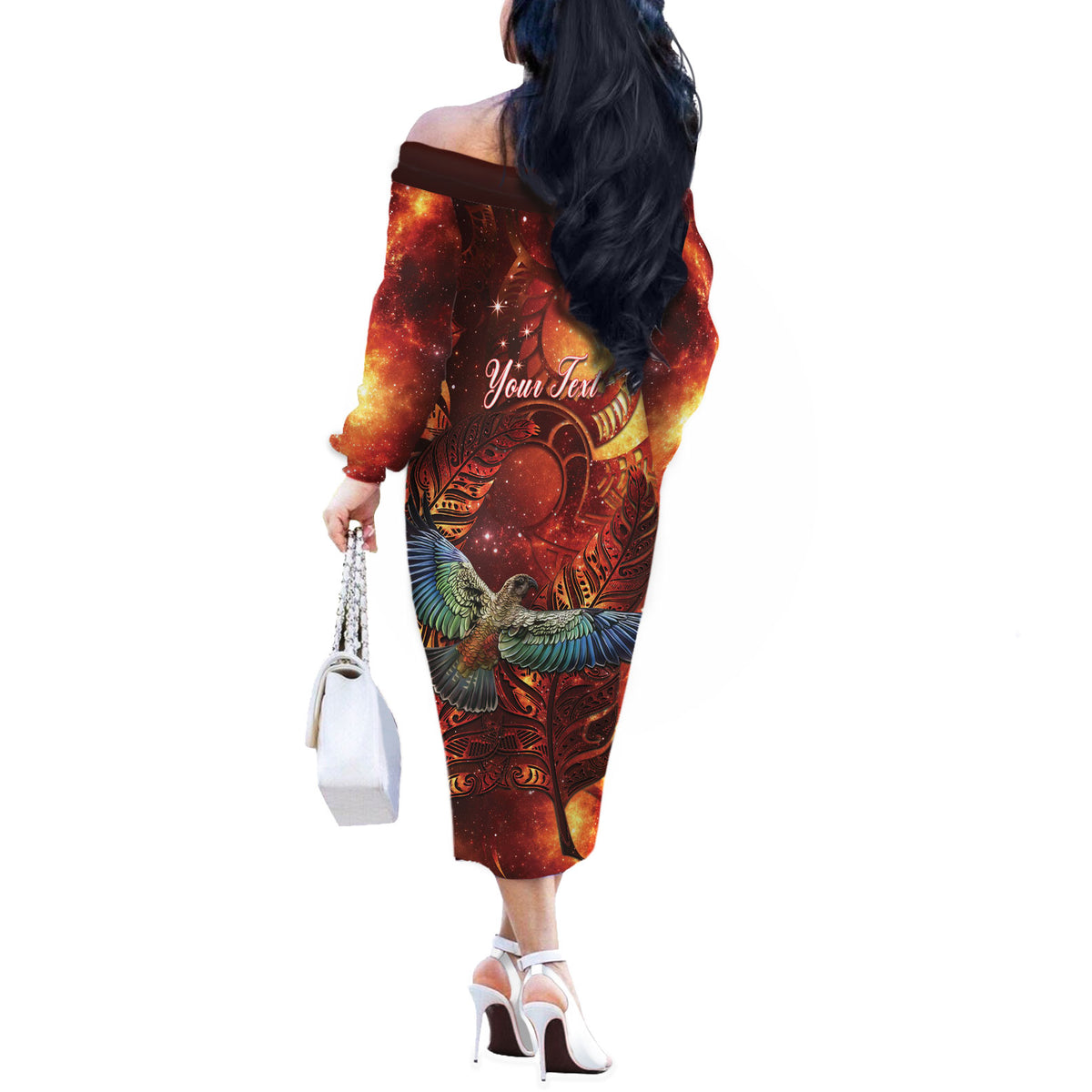 New Zealand Kea Bird Matariki Personalised Off The Shoulder Long Sleeve Dress Silver Fern Maori Pattern
