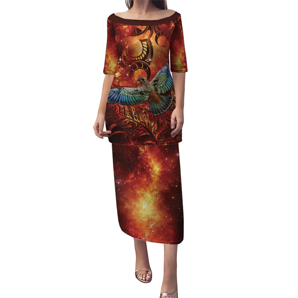 New Zealand Kea Bird Matariki Personalised Puletasi Silver Fern Maori Pattern LT22 Long Dress Orange - Polynesian Pride