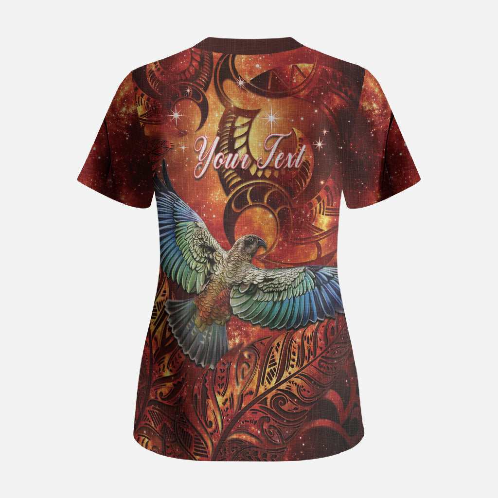 New Zealand Kea Bird Matariki Personalised Scrub Top Silver Fern Maori Pattern