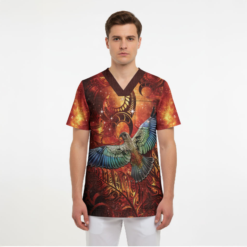 New Zealand Kea Bird Matariki Personalised Scrub Top Silver Fern Maori Pattern