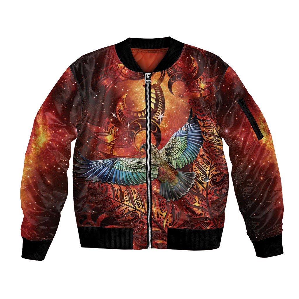New Zealand Kea Bird Matariki Personalised Sleeve Zip Bomber Jacket Silver Fern Maori Pattern LT22 Unisex Orange - Polynesian Pride