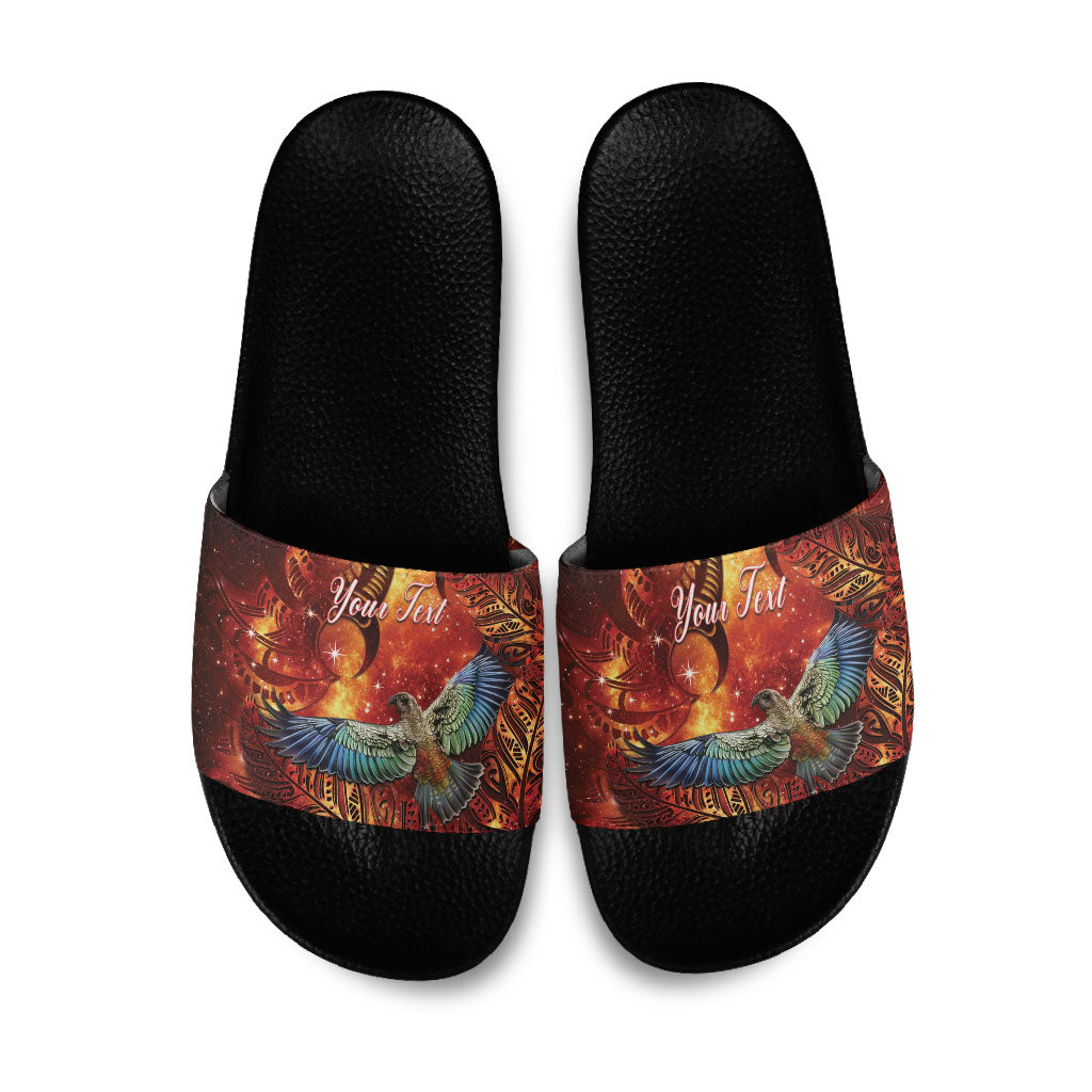 New Zealand Kea Bird Matariki Personalised Slide Sandals Silver Fern Maori Pattern LT22 Orange - Polynesian Pride