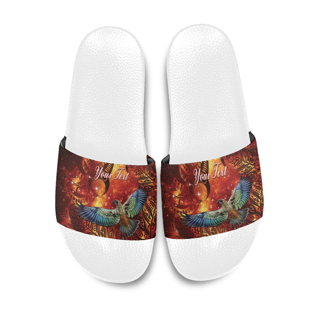New Zealand Kea Bird Matariki Personalised Slide Sandals Silver Fern Maori Pattern LT22 Orange - Polynesian Pride