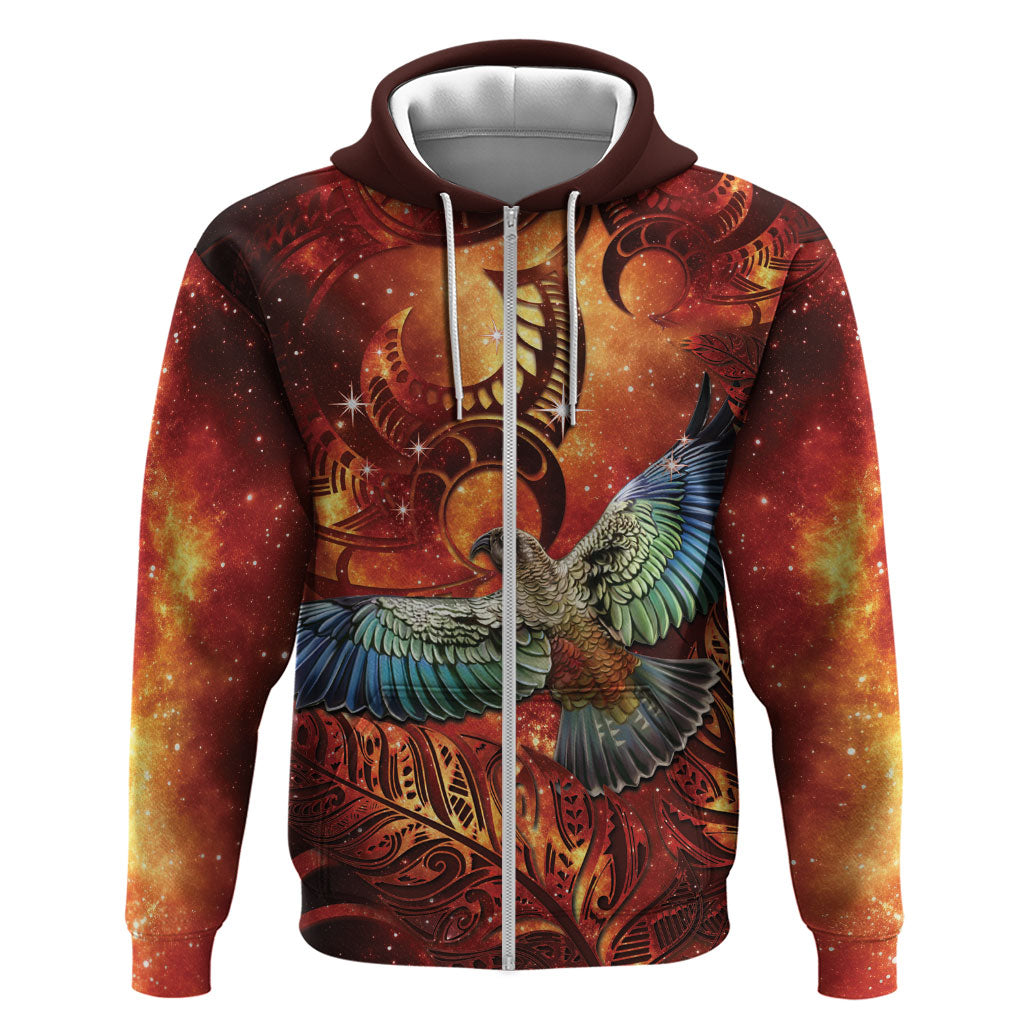 New Zealand Kea Bird Matariki Personalised Zip Hoodie Silver Fern Maori Pattern