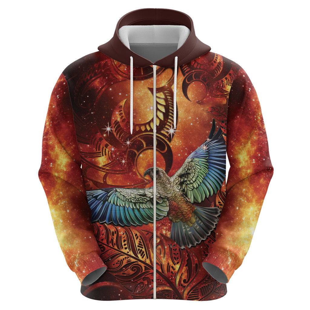 New Zealand Kea Bird Matariki Personalised Zip Hoodie Silver Fern Maori Pattern