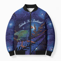 Takahe New Zealand Personalised Bomber Puffer Jacket Harakeke Silver Fern Maori Pattern LT22 Unisex Blue - Polynesian Pride