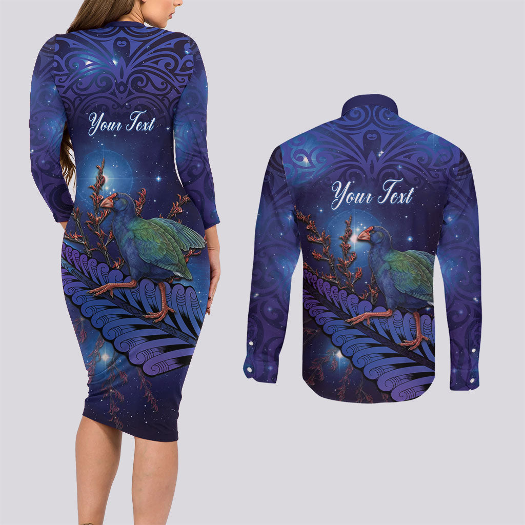 Takahe New Zealand Personalised Couples Matching Long Sleeve Bodycon Dress and Long Sleeve Button Shirt Harakeke Silver Fern Maori Pattern
