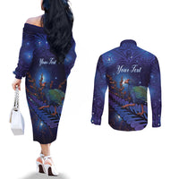 Takahe New Zealand Personalised Couples Matching Off The Shoulder Long Sleeve Dress and Long Sleeve Button Shirt Harakeke Silver Fern Maori Pattern