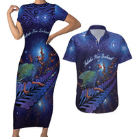 Takahe New Zealand Personalised Couples Matching Short Sleeve Bodycon Dress and Hawaiian Shirt Harakeke Silver Fern Maori Pattern