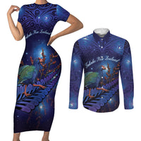 Takahe New Zealand Personalised Couples Matching Short Sleeve Bodycon Dress and Long Sleeve Button Shirt Harakeke Silver Fern Maori Pattern