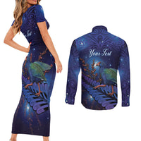 Takahe New Zealand Personalised Couples Matching Short Sleeve Bodycon Dress and Long Sleeve Button Shirt Harakeke Silver Fern Maori Pattern