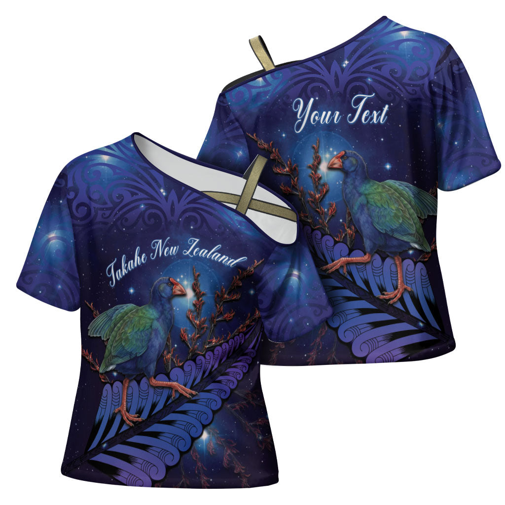 Takahe New Zealand Personalised Cross Shoulder Shirt Harakeke Silver Fern Maori Pattern LT22 - Polynesian Pride