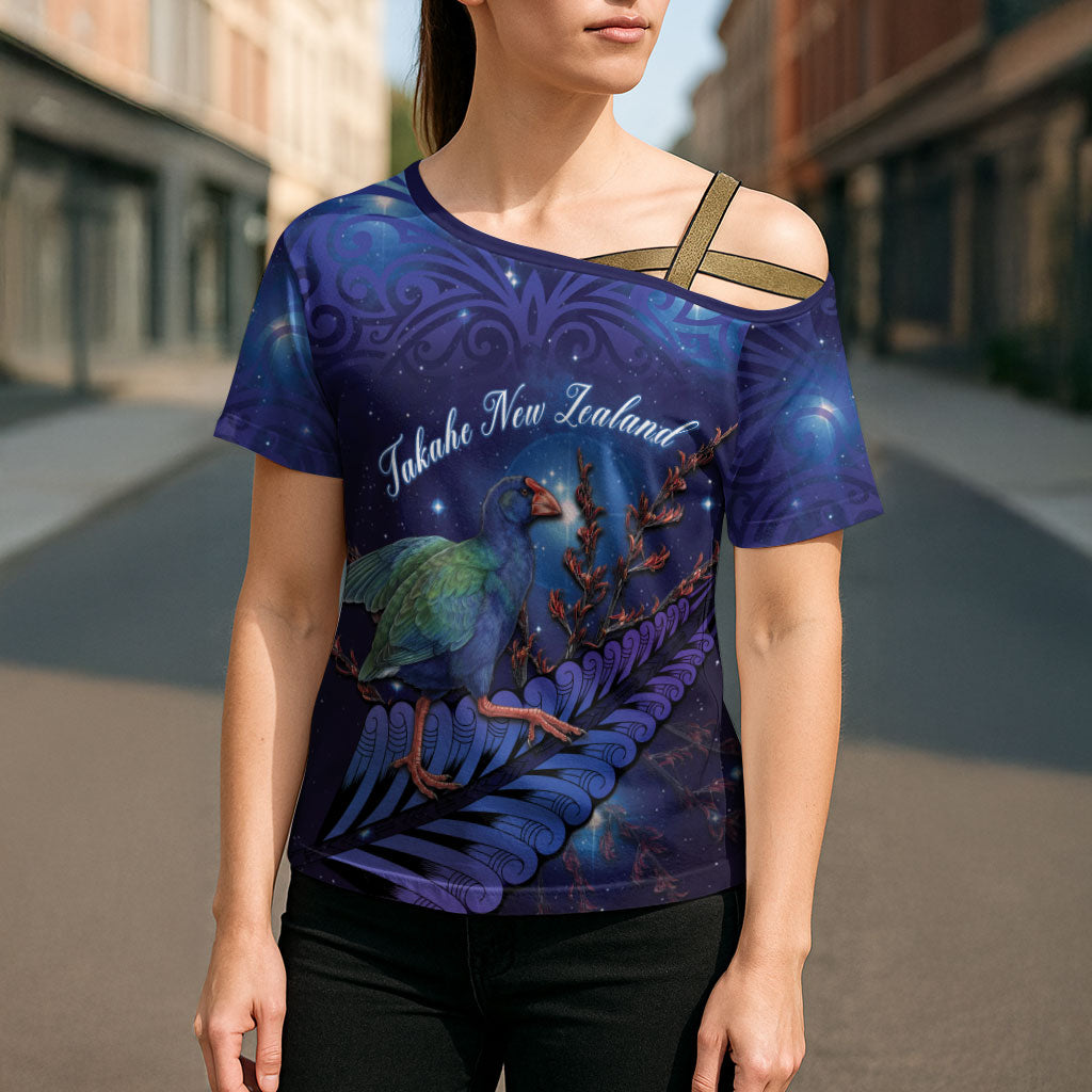 Takahe New Zealand Personalised Cross Shoulder Shirt Harakeke Silver Fern Maori Pattern LT22 - Polynesian Pride