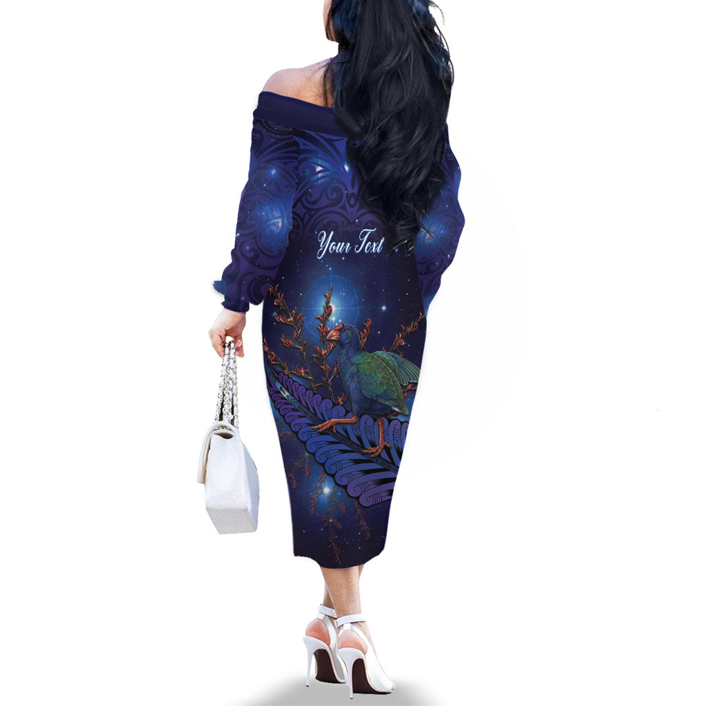 Takahe New Zealand Personalised Family Matching Off The Shoulder Long Sleeve Dress and Hawaiian Shirt Harakeke Silver Fern Maori Pattern