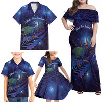 Takahe New Zealand Personalised Family Matching Off Shoulder Maxi Dress and Hawaiian Shirt Harakeke Silver Fern Maori Pattern