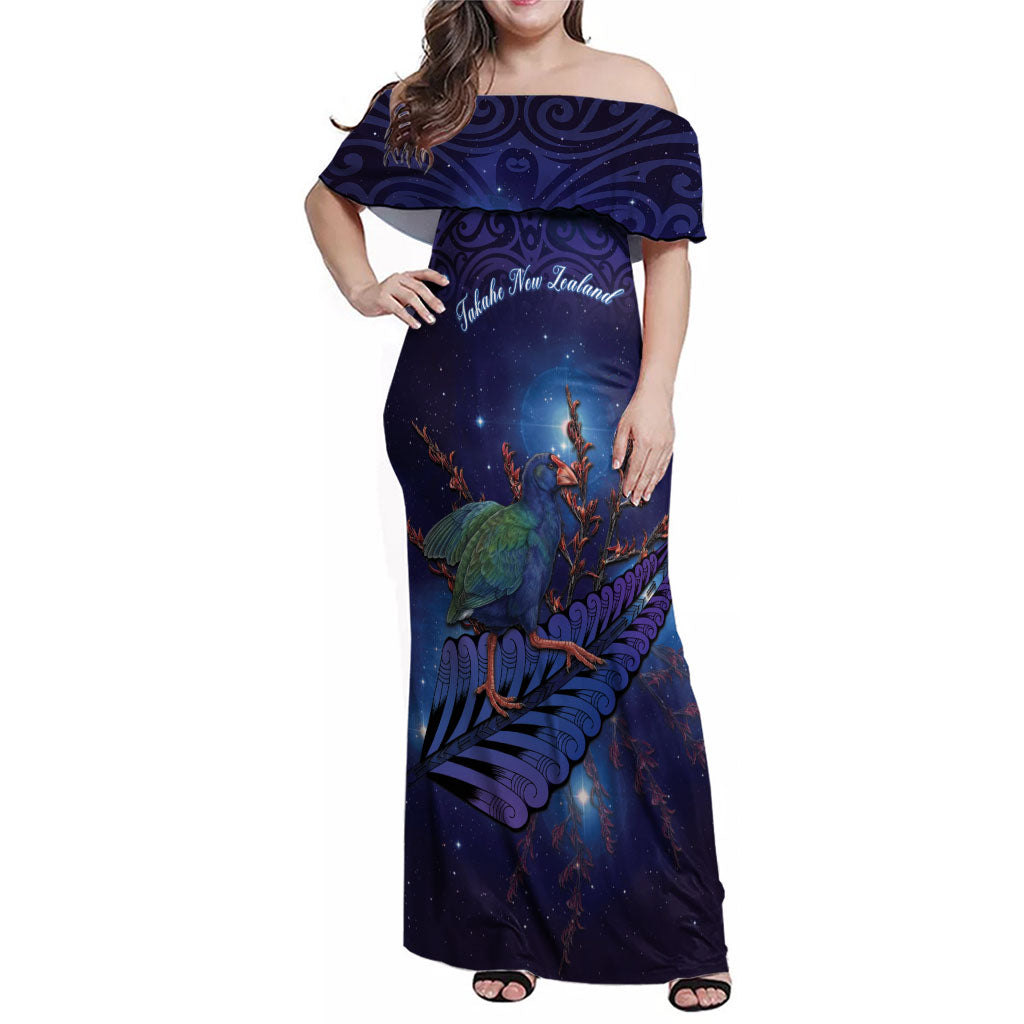 Takahe New Zealand Personalised Family Matching Off Shoulder Maxi Dress and Hawaiian Shirt Harakeke Silver Fern Maori Pattern