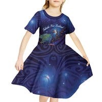 Takahe New Zealand Personalised Kid Short Sleeve Dress Harakeke Silver Fern Maori Pattern LT22 - Polynesian Pride